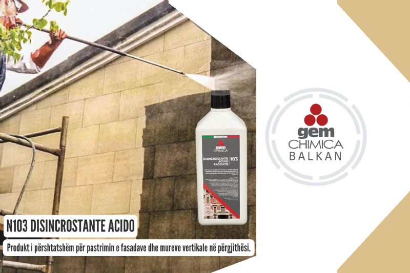 DISINCROSTANTE ACIDO N103 pastrues per fasada dhe tulla, produkt per heqjen e kripes, Detergjent acid per mure ndertimi, Pastrues per papasterti ndertimore, Shkrires mineralesh per fasada